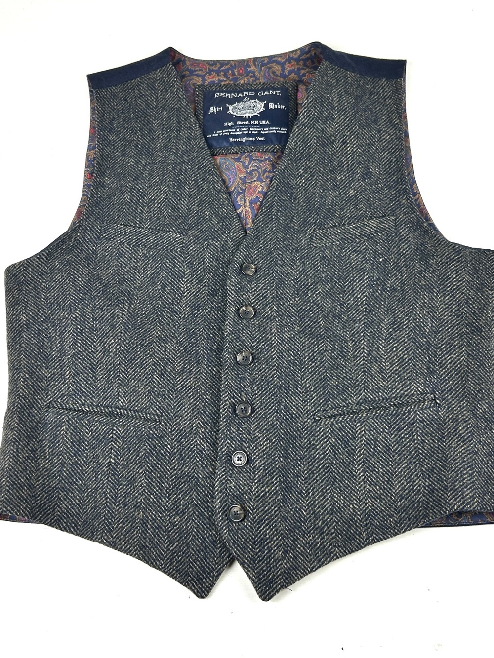 Bernard GANT Men’s Herringbone Wool Waistcoat Vest Size 40 Gray And Blue
